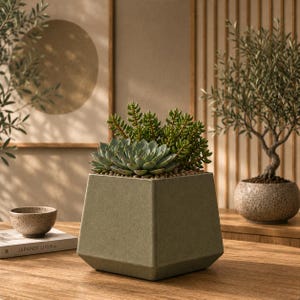 May include: A square, matte sage green ceramic planter with tapered sides containing a cluster of green succulents. The planter has a textured finish and sits on a wooden surface, showcasing a geometric design that holds the small plants.