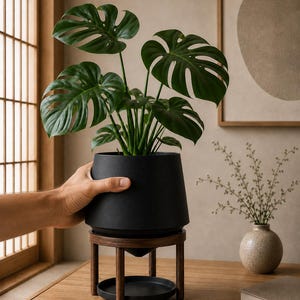 May include: A vibrant green Monstera plant with large, split leaves potted in a matte black tapered container. The pot rests on a dark brown wooden stand with four legs and a circular base tray, creating a structured display for the houseplant.