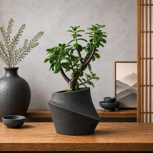 May include: A jade plant with thick, glossy green leaves and woody stems potted in a dark gray, textured ceramic planter with a distinct diagonal, angular cut design. The planter has a matte finish and a wide base, showcasing a modern, geometric shape.