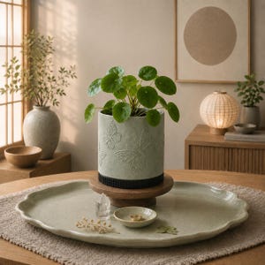 May include: A light green cylindrical ceramic planter with embossed butterfly designs and a black ribbed base, sitting on a wooden pedestal. The planter holds a Pilea plant and rests on a large, scalloped, light green ceramic tray.