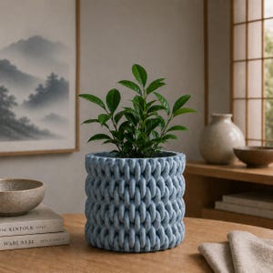 May include: A cylindrical plant pot in a light blue color featuring a raised, repeating vertical loop texture that resembles a chunky knit pattern. A small green leafy plant is potted inside the container, which sits on a wooden surface.