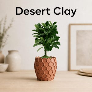 May include: A small green leafy plant potted in a terracotta-colored planter with a raised hexagonal honeycomb pattern. The text Desert Clay is printed in black above the plant. The planter has a rounded shape and a matte finish.