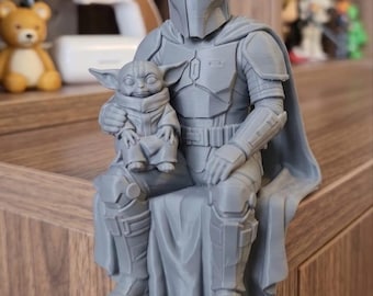 Mandalorianer & Grogu Regalfigur | Star Wars-inspirierte Regaldekoration | Weltraumabenteuer-Figur | 3D-gedrucktes Sammlerstück | Geschenk für Nerds