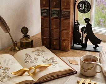 Harry-Potter-Leseset | Buchstütze Gleis 9 ¾, Lesezeichen Goldener Schnatz & Seitenhalter | Zauberer-Lesezubehör | Geschenk für Bücherliebhaber