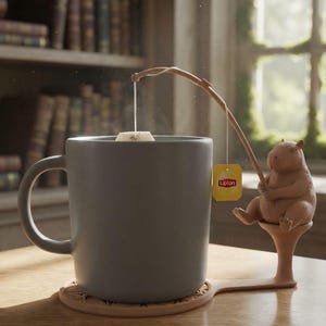Puede incluir: Una taza de cerámica gris mate con una figura de capibara de color marrón claro fijada sobre un pedestal. El capibara sostiene una varilla curva que suspende una bolsita de té Lipton dentro de la taza. La taza descansa sobre un posavasos circular.