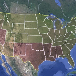 May include: A satellite image of the United States, showing the country's geographical layout. The map highlights state borders with a yellow outline, and the states are colored in shades of green, brown, and red. The Gulf of California and the Atlantic Ocean are visible.