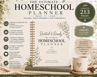 May include: A spiral-bound homeschool planner with a cream cover featuring botanical illustrations and the text Rooted & Ready The Ultimate Homeschool Planner. The planner includes 213 pages, undated spreads, student profiles, and subject trackers.