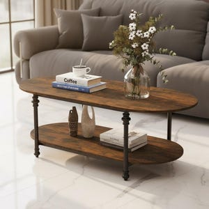 Oval Coffee Table with Storage Shelf, Rustic Mid-Century Wood Metal Accent Table