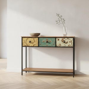 Boho Console Table with Floral Drawers, Narrow Entryway Storage Shelf