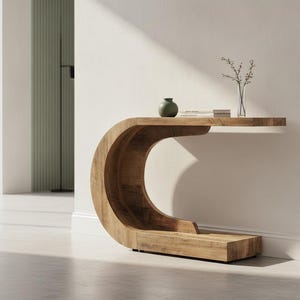 Mid Century Modern Wood Console Table, C-Shaped Entryway Accent Table