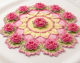 Handmade Crochet Thalposh | Pink Rose Floral Doily | Round Crochet Table Mat | Pooja Thali Cover | Lace Centerpiece Decor | Cottagecore Home