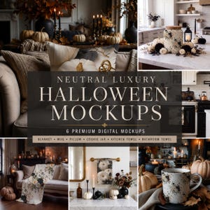 May include: A collection of six digital mockups featuring neutral Halloween themes, including a blanket, mug, pillow, cookie jar, and towels. The imagery displays white pumpkins, dark floral accents, and autumn decor in various home settings.