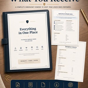 Peut inclure: Un classeur d'urgence bleu foncé contenant des documents imprimables avec le texte Everything in One Place, Quick Start & Binder Index et Emergency Contacts. L'ensemble comprend 25 pages au format 21,59 par 27,94 cm pour usage personnel.