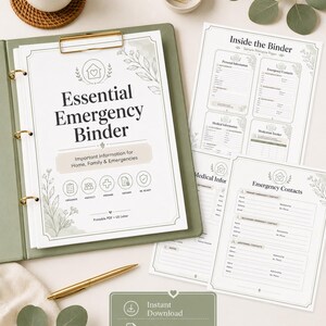 Peut inclure: Un classeur à trois anneaux vert olive contenant des pages imprimées intitulées Essential Emergency Binder avec des sections pour les informations personnelles, les contacts d'urgence et les dossiers médicaux, avec un stylo doré.