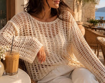Crochet Mesh Beach Jumper Pattern PDF, Summer Sweater Pattern, Boho Cover Up, Lightweight Crochet Top, English Only, Instant Download