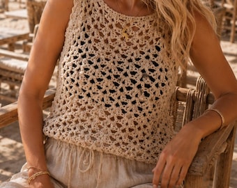 Crochet Tank Top Pattern PDF, Summer Mesh Top, Beach Cover Up, Sleeveless Lace Blouse, Boho Crochet Top, US Terms, English Only