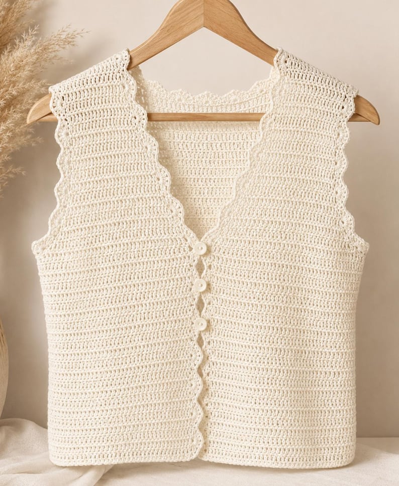 May include: Cream-colored, sleeveless crochet vest with a scalloped edge and a V-neck. The vest has a button-up front with four matching buttons. The garment is hanging on a wooden hanger.
