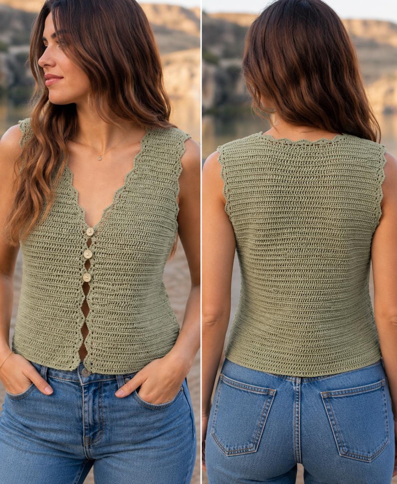 May include: A sage green crochet top with a scalloped neckline and button closure. The sleeveless top is paired with blue jeans. The image shows the front and back of the top.