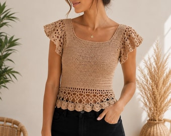 Crochet Top Pattern PDF, Ruffle Sleeve Top Pattern, Boho Crochet Summer Top, Womens Crop Top Tutorial, Instant Download