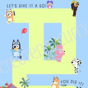 Może przedstawiać: Kolorowy wykres treningu nocnikowego dla dzieci z tekstem "IT'S POTTY TIME!" i "LET'S GIVE IT A GO!". Wykres przedstawia kreskówkowe psy, dom, palmy i tekst "YOU DID IT!"