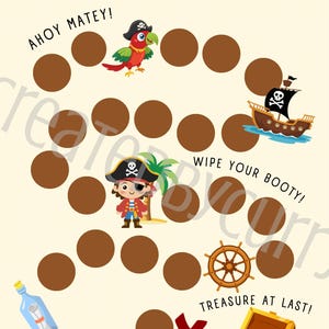 May include: A pirate-themed potty training chart with the text "IT'S POTTY TIME!". The chart features a parrot, pirate ship, pirate, treasure chest, and a ship's wheel. The chart has brown circles for tracking progress.