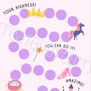 May include: Pink potty training chart with the text "IT'S POTTY TIME!". Includes a gold crown, a unicorn, a wand, a pink shoe, a carriage, and a castle. The text "YOUR HIGHNESS!", "YOU CAN DO IT!", and "AMAZING!" are also included.