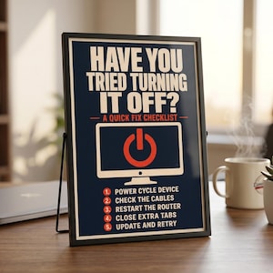 May include: Framed poster with the text "HAVE YOU TRIED TURNING IT OFF?" and a quick fix checklist. The poster features a computer graphic with a red power button. A mug and a succulent plant are on the desk.