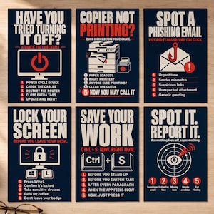 May include: Six navy blue posters with white text and illustrations offering IT tips. Titles include "Have You Tried Turning It Off?", "Copier Not Printing?", "Spot a Phishing Email", "Lock Your Screen", "Save Your Work", and "Spot It. Report It."