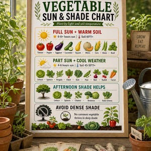 Peut inclure: Un tableau encadré "Vegetable Sun & Shade Chart" avec un cadre en bois, détaillant les besoins en soleil et température du sol pour divers légumes. Comprend des sachets de graines, des gants de jardinage et des plantes en pot.