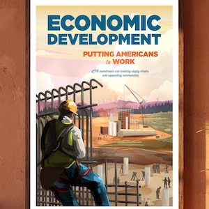 Ekonomisk utvecklingsaffisch, Att sätta amerikaner i arbete, retro väggkonst för industrin, dekoration för leveranskedjan, present till energijobb