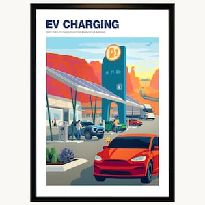 May include: A framed poster titled EV CHARGING Electric Vehicle (EV) Charging Infrastructure Manufacturing & Deployment, featuring a desert landscape with solar panels, charging stations, various cars, and a cafe in a vibrant graphic art style.