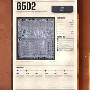 Op de afbeelding: Een ingelijste technische poster van de 6502-microprocessor, inclusief een gemonteerde fysieke chip, een gedetailleerde die-foto, specificaties, een registerkaart en een historische tijdlijn van 1974 tot heden op een rasterachtergrond.