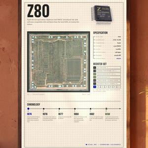 Zilog Z80 Microprocessor Poster, Retro Computer Chip Wall Art, Vintage Tech Print, Silicon Die Photo, Engineer Gift