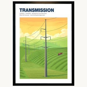 May include: A framed poster titled TRANSMISSION featuring a landscape with tall gray electrical transmission towers, power lines, green rolling hills, and a small red tractor. The text includes Grid Efficiency, Grid Reliability, High Voltage Direct Current (HVDC) Systems, Offshore Wind Transmission, and Systems Sited Along Rail & Highway Routes.