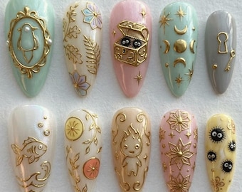 Studio Ghibli Inspired Press On Nails, Soot Sprite & Calcifer Nail Set, Celestial Gold Cute Anime Fake Nails