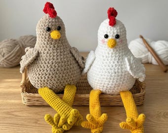 Cute Crochet Chicken Amigurumi, Chunky Yarn Dangle Leg Plush Hen, Stuffed Farm Toy, Gift For Chicken Lover, Kawaii Chicken, Instant Download
