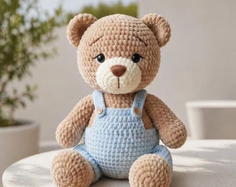 Teddy Bear Crochet Pattern, Amigurumi Teddy PDF, Bear in Blue Overalls, Stuffed Toy Pattern, Cute Baby Bear Doll, Nursery Gift, PDF Download