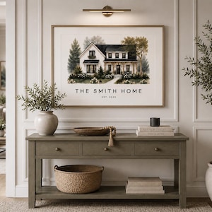Pode incluir: Uma impressão de arte de parede horizontal emoldurada com uma ilustração em estilo aquarela de uma casa de dois andares com telhado escuro e revestimento branco. Abaixo da casa, o texto diz THE SMITH HOME EST. 2026 em uma fonte sem serifa.