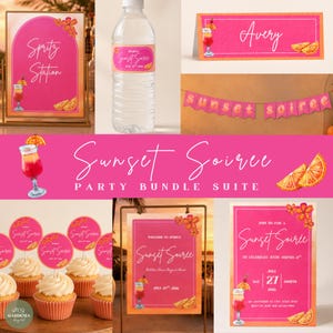 May include: A party bundle suite with a pink and orange theme. Includes invitations, cupcake toppers, a banner, and signage with the text "Sunset Soiree". Decorative elements include cocktail illustrations and orange slices.