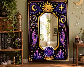 Unique Pixel Art Mystical Mirror | Digital Print Decota & Plexi Silver | Witchy Celestial Decor