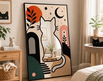 Modern Abstract Cat Mirror, Digital Printed Dekota Art with Acrylic Silver Mirror, Unique Boho Wall Decor for Cat Lovers