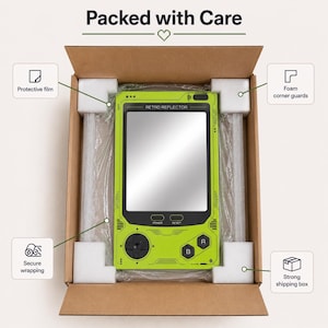 May include: A lime green handheld game console-shaped mirror labeled Retro Reflector with a black directional pad and buttons A and B. It is inside a brown cardboard shipping box with white foam corner guards and clear protective plastic film.