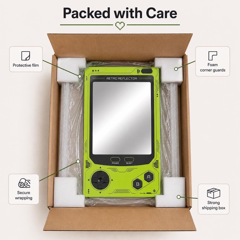 May include: A lime green handheld game console-shaped mirror labeled Retro Reflector with a black directional pad and buttons A and B. It is inside a brown cardboard shipping box with white foam corner guards and clear protective plastic film.