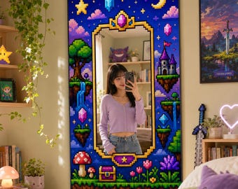 Pixel Art Gaming Fantasy Mirror | Unique Wall Decor | Retro Aesthetic Digital Printed Dekota & Plexi Silver Mirror