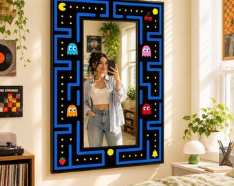 Pac-Man Retro Gaming Mirror | Digital Printed Wall Decor | Plexi Silver Mirror on Decota Board | Gamer Gift