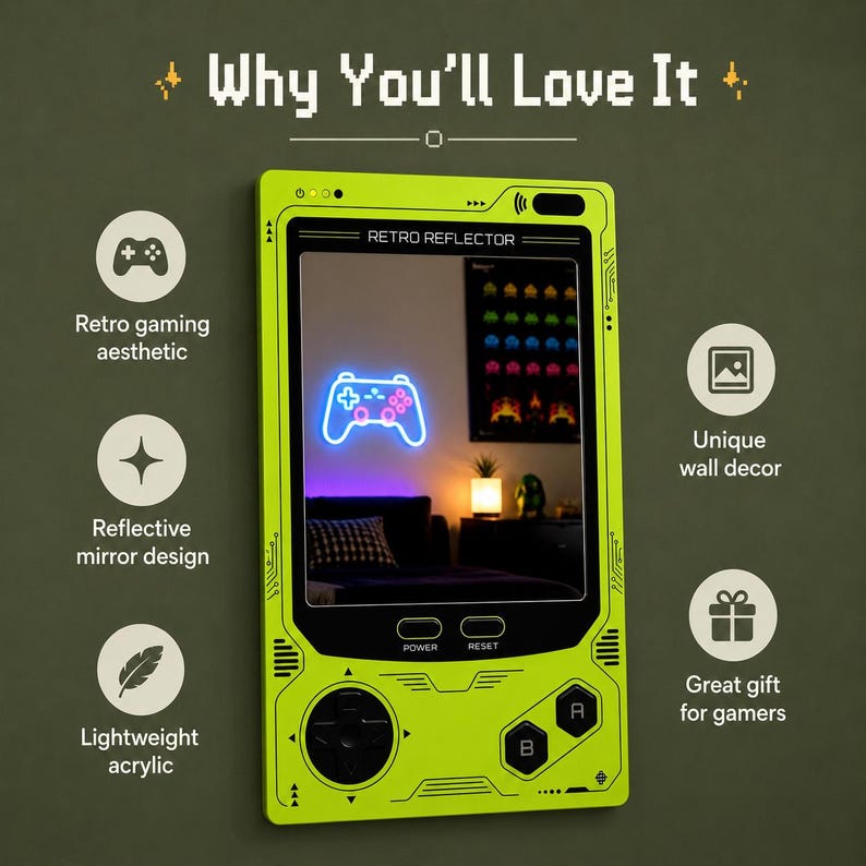 May include: A lime green rectangular mirror shaped like a handheld gaming console with black button graphics, a directional pad, and the text "RETRO REFLECTOR" printed above the reflective surface, which shows a room with a glowing blue controller light.