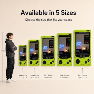 May include: Five lime green rectangular mirrors shaped like handheld gaming consoles, labeled Retro Reflector. Sizes range from 11.8 x 15.7 inches to 31.5 x 47.2 inches. Each mirror features directional pads, A and B buttons, and a reflective surface.