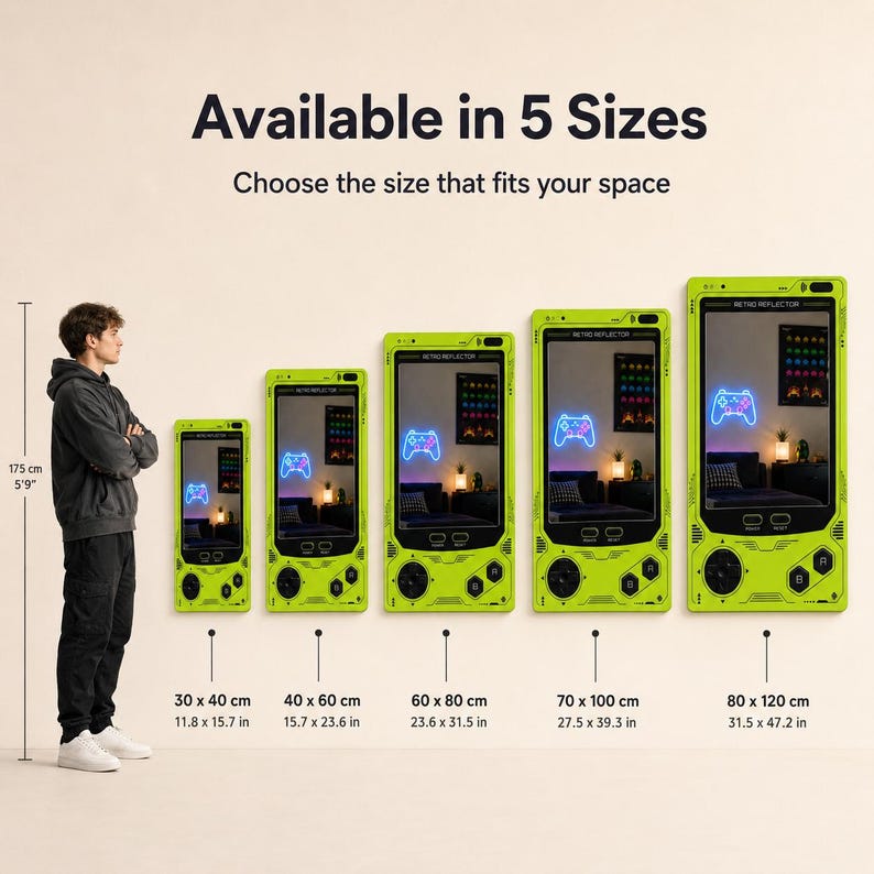 May include: Five lime green rectangular mirrors shaped like handheld gaming consoles, labeled Retro Reflector. Sizes range from 11.8 x 15.7 inches to 31.5 x 47.2 inches. Each mirror features directional pads, A and B buttons, and a reflective surface.