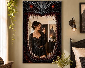 Fierce Dragon Mirror | Gothic Fantasy Wall Art | Digital Print Dekota & Plexi Mirror | Unique Mythical Decor