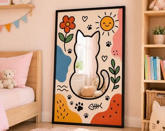 Cute Cat Shaped Mirror, Playful Nursery Wall Decor, Kids Room Art, Modern Acrylic Mirror on UV Printed Board